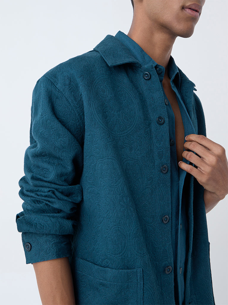 Buy ETA Dark Teal Textured Cotton Jacket from Westside