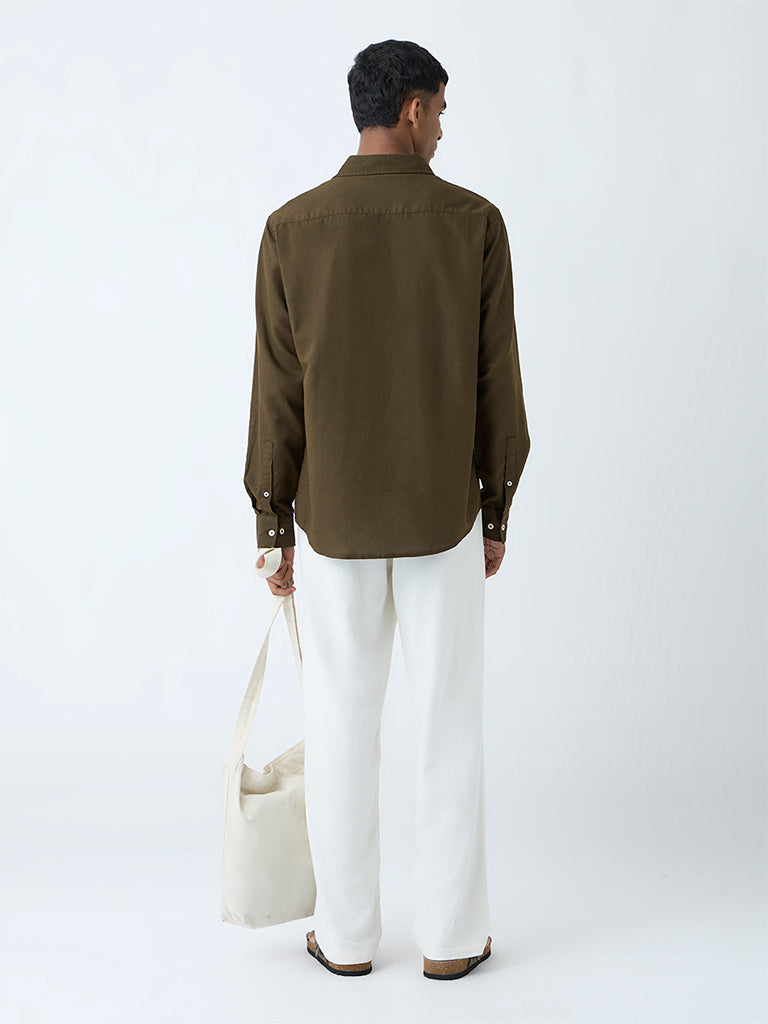 ETA Olive Solid Relaxed-Fit Cotton-Blend Shirt
