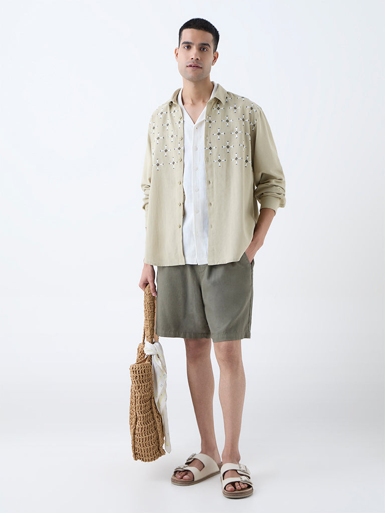 ETA Beige Embroidered Relaxed-Fit Cotton Shirt