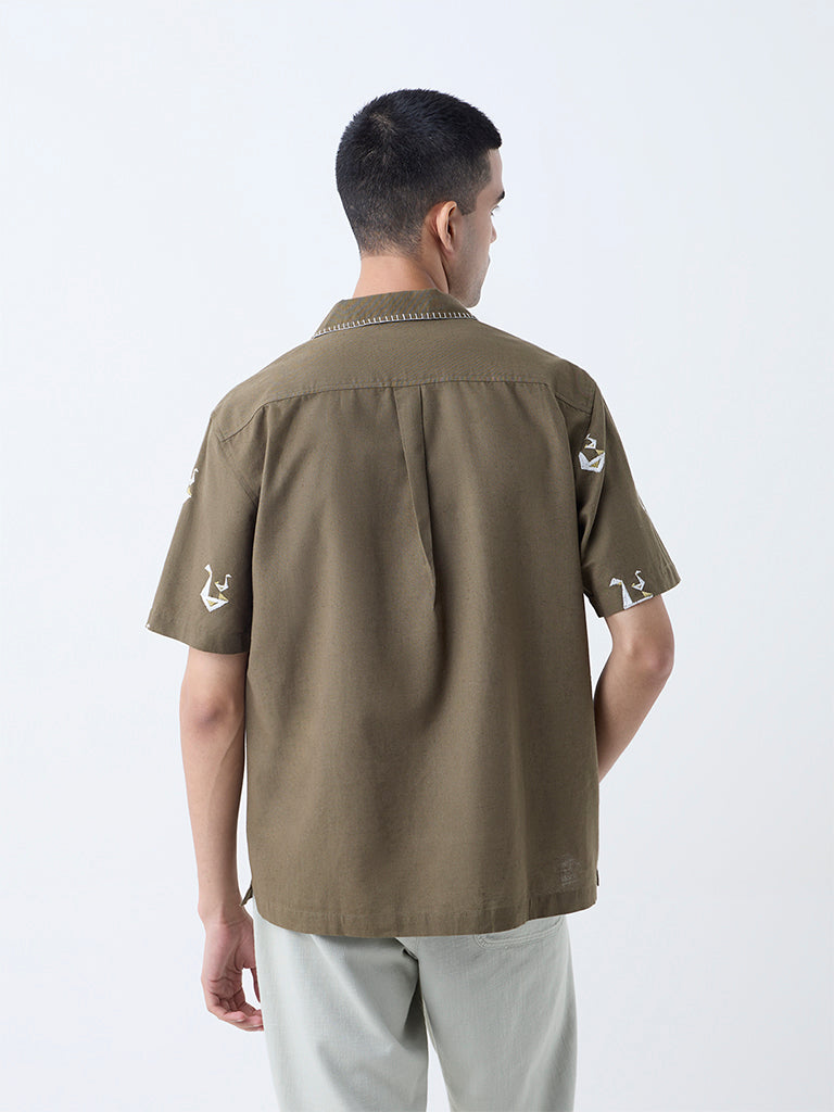 ETA Olive Embroidered Relaxed-Fit Cotton-Blend Shirt