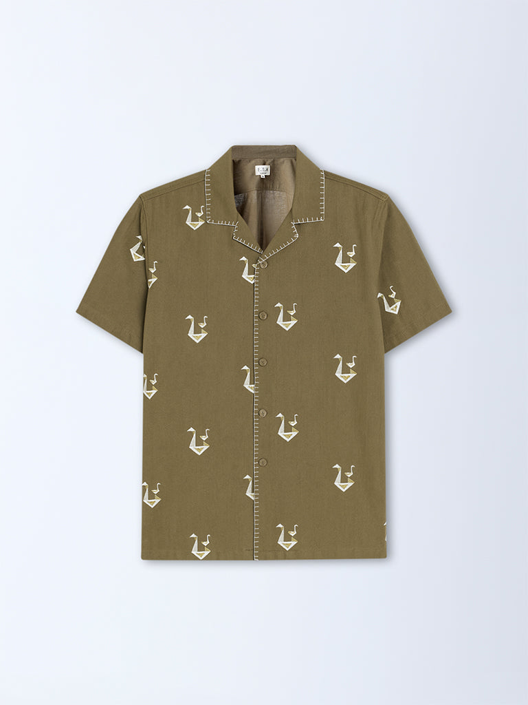 ETA Olive Embroidered Relaxed-Fit Cotton-Blend Shirt