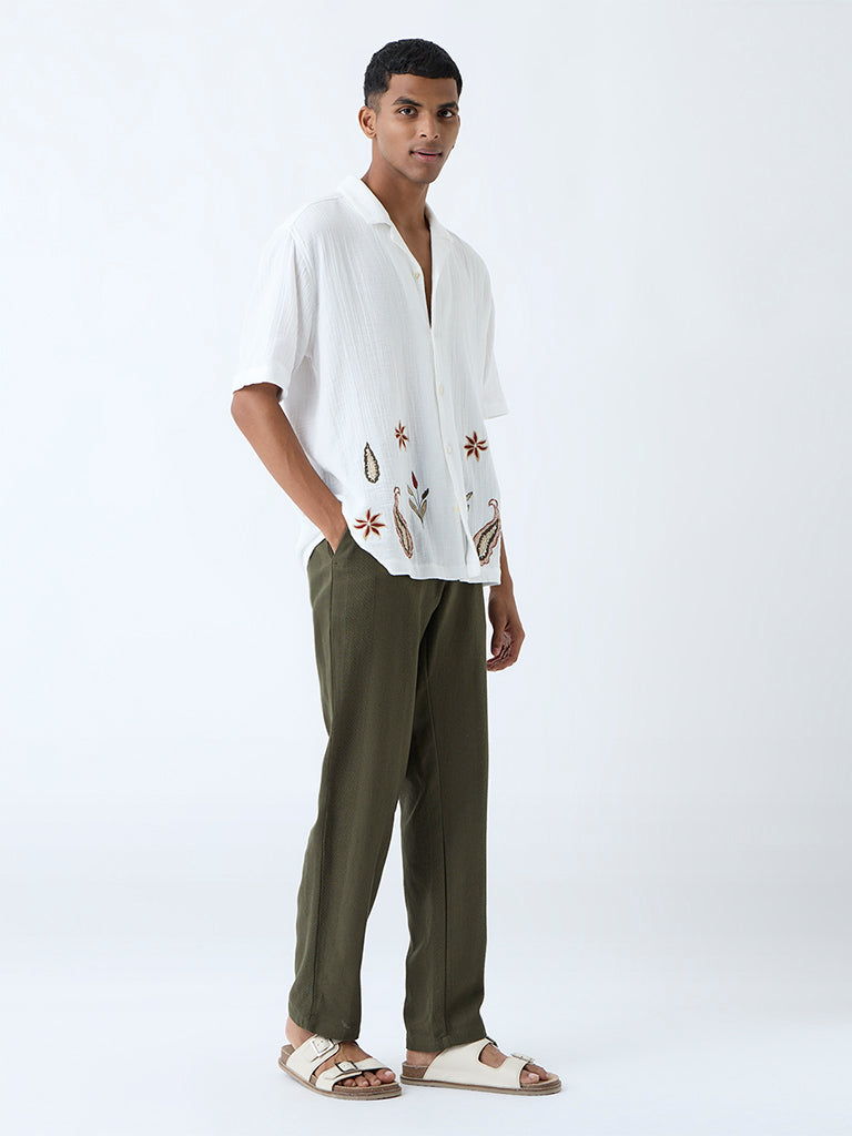 ETA White Floral Embroidered Relaxed-Fit Cotton Shirt
