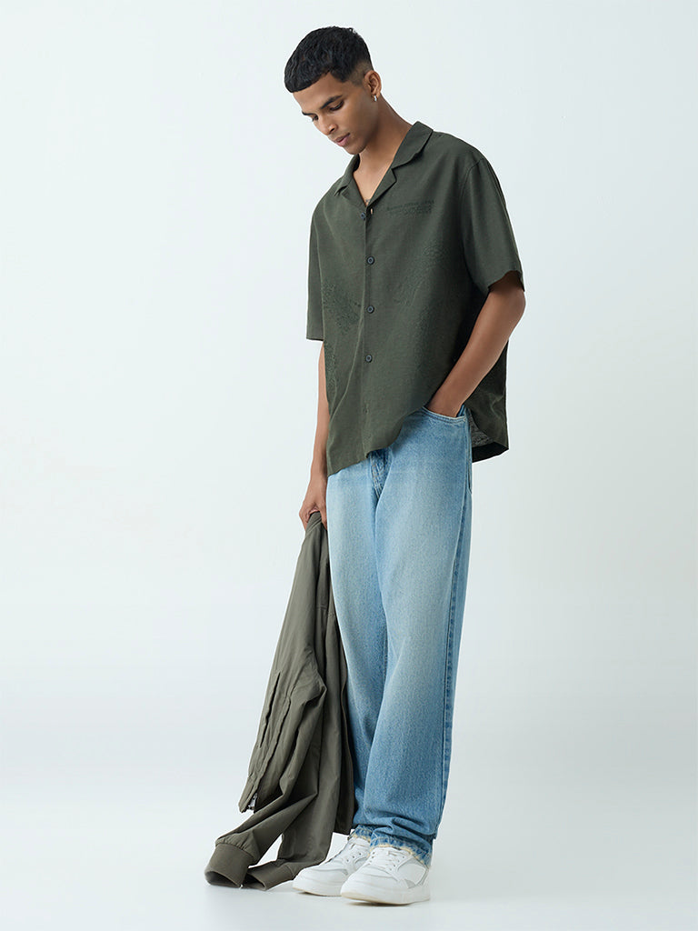 Nuon Olive Embroidered Relaxed Fit Shirt