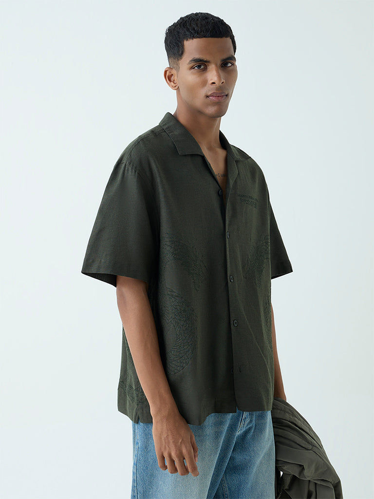 Nuon Olive Embroidered Relaxed Fit Shirt