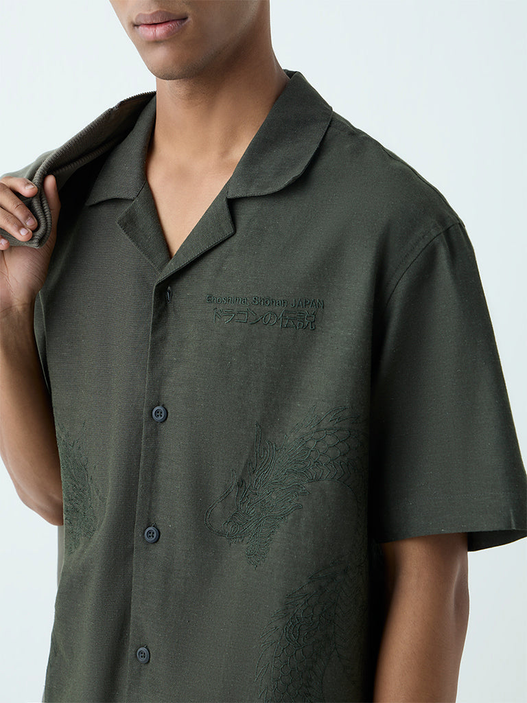 Nuon Olive Embroidered Relaxed Fit Shirt