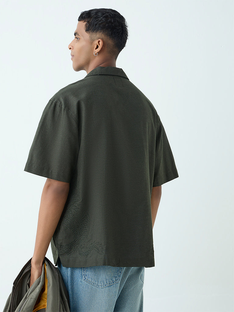 Nuon Olive Embroidered Relaxed Fit Shirt