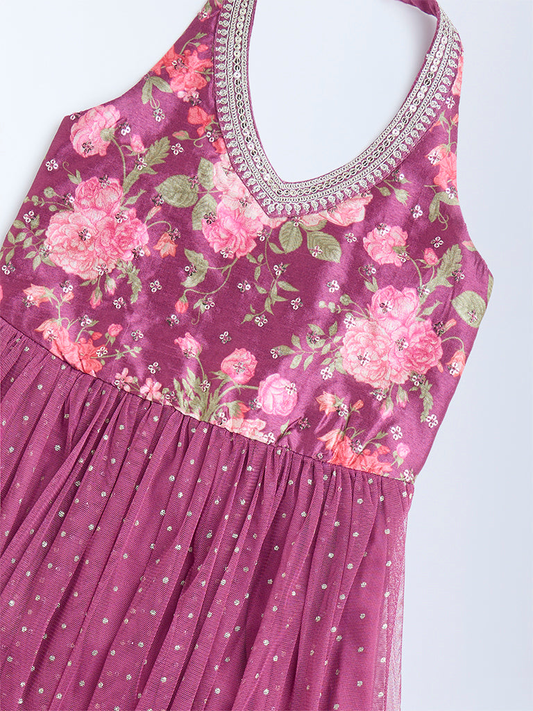 Utsa Kids Dusty Rose Floral Pattern Halter-Neck Dress - (2-8yrs)