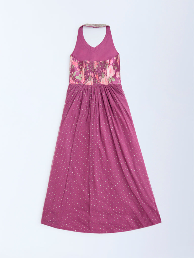 Utsa Kids Dusty Rose Floral Pattern Halter-Neck Dress - (8-14yrs)