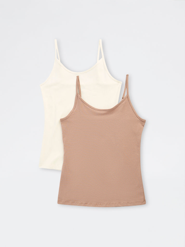 Wunderlove Beige Cotton-Blend Camisoles - Pack of 2