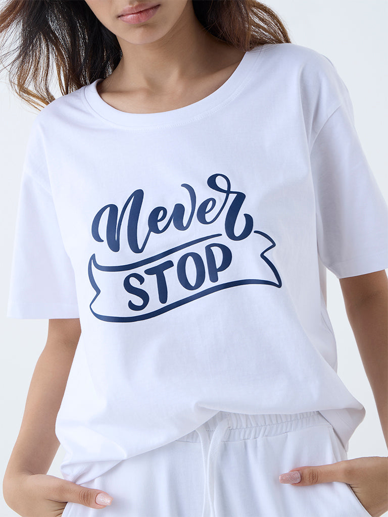 Studiofit White Text Printed Cotton T-Shirt