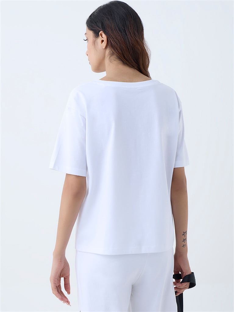 Studiofit White Text Printed Cotton T-Shirt