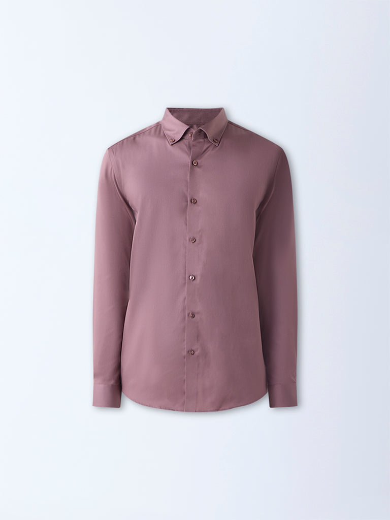 WES Formals Mauve Solid Slim-Fit Cotton-Blend Shirt