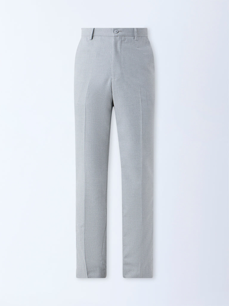 WES Formals Grey Striped Relaxed-Fit Mid-Rise Trousers