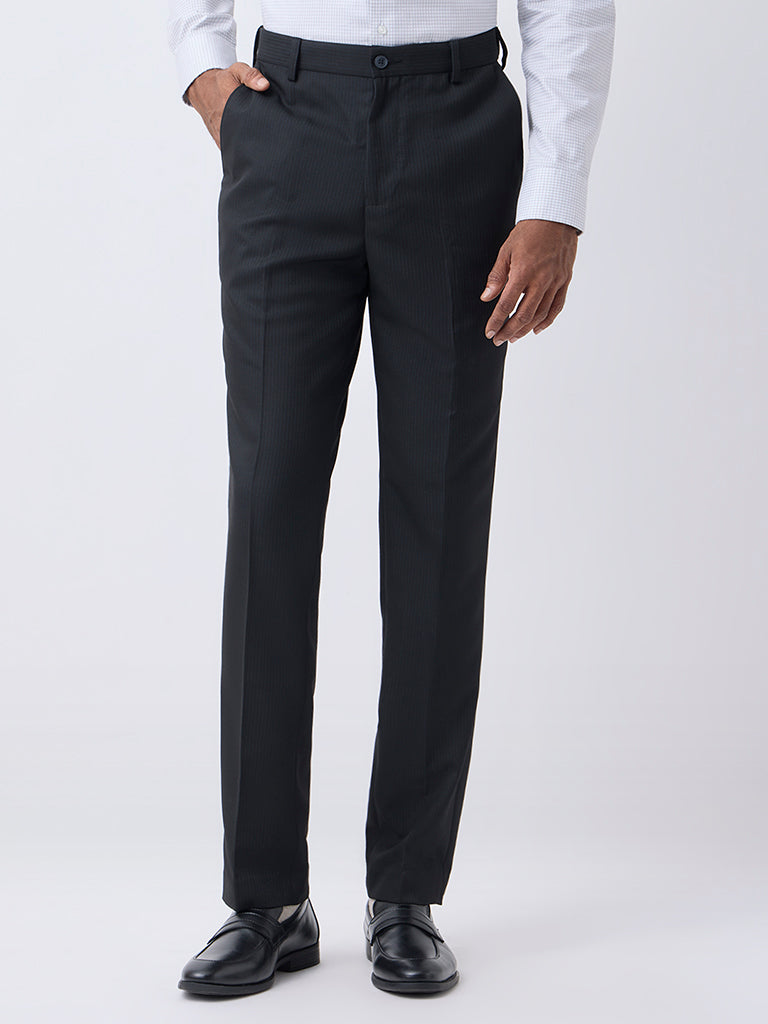 WES Formals Black Pinstriped Relaxed-Fit Mid-Rise Trousers