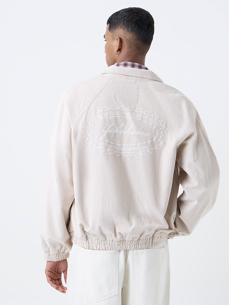 Nuon Beige Typographic Relaxed-Fit Corduroy Jacket