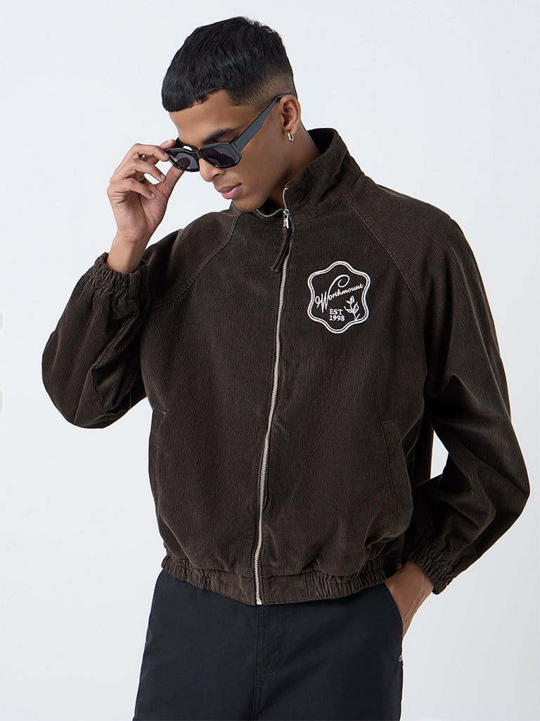 Nuon Brown Text Design Relaxed-Fit Corduroy Jacket