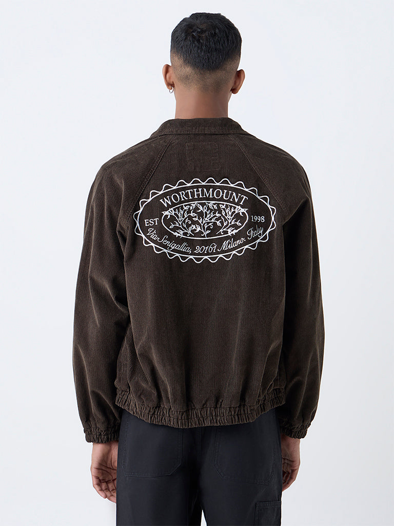 Nuon Brown Text Design Relaxed-Fit Corduroy Jacket