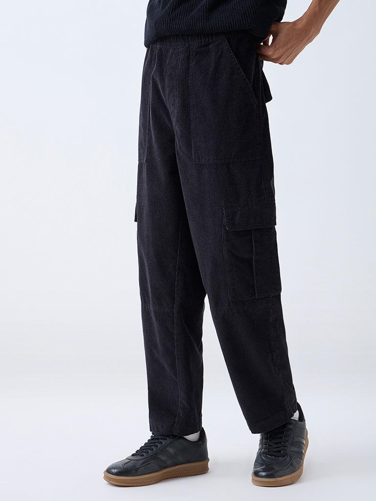 Nuon Black Cargo-Style Relaxed-Fit Mid-Rise Corduroy Pants