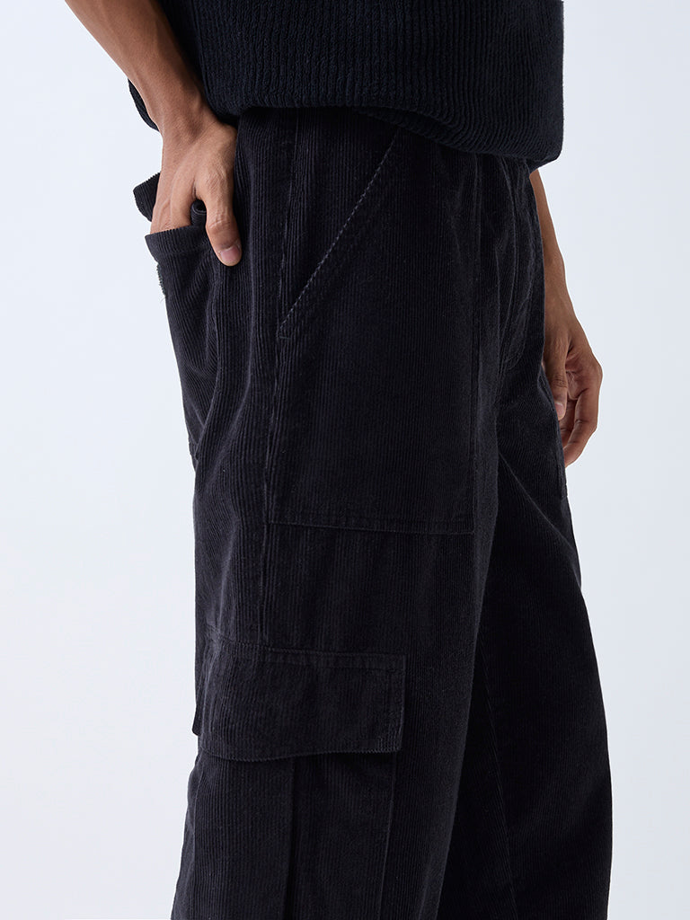 Nuon Black Cargo-Style Relaxed-Fit Mid-Rise Corduroy Pants