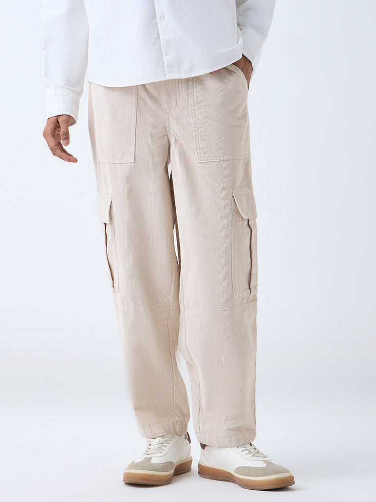 Nuon Off-White Cargo-Style Relaxed-Fit Mid-Rise Corduroy Pants