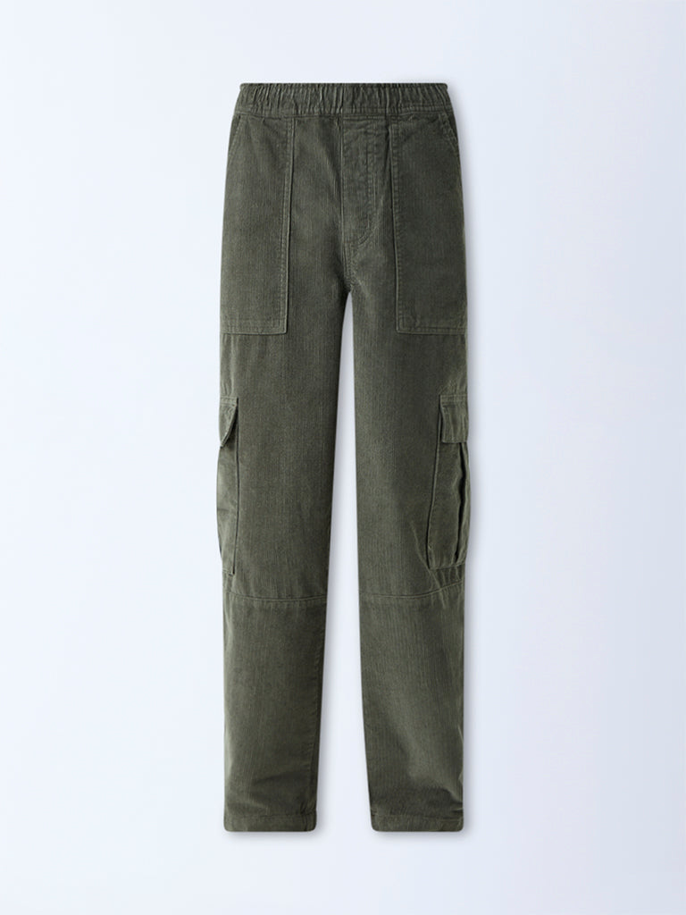 Nuon Olive Cargo-Style Relaxed-Fit Mid-Rise Corduroy Pants