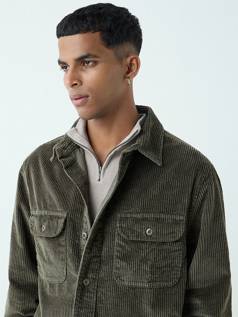 Nuon Olive Relaxed-Fit Corduroy Shirt