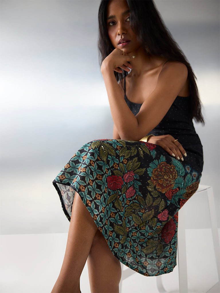 Bombay Paisley Black Floral Pattern Cotton A-Line Dress