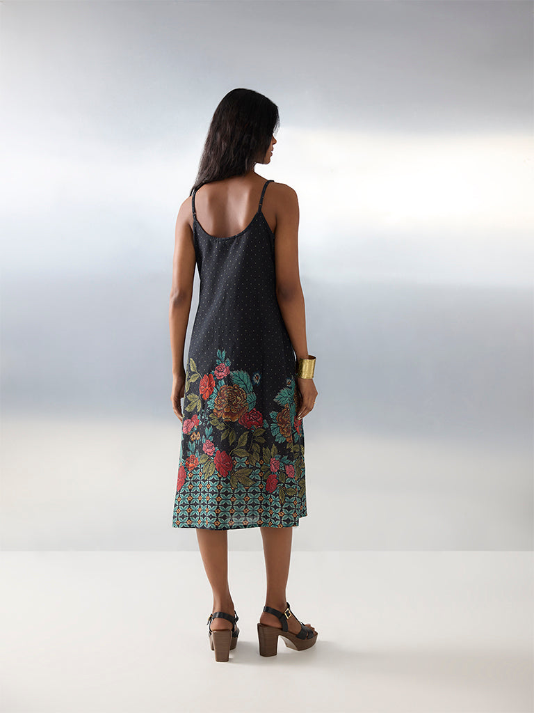 Bombay Paisley Black Floral Pattern Cotton A-Line Dress