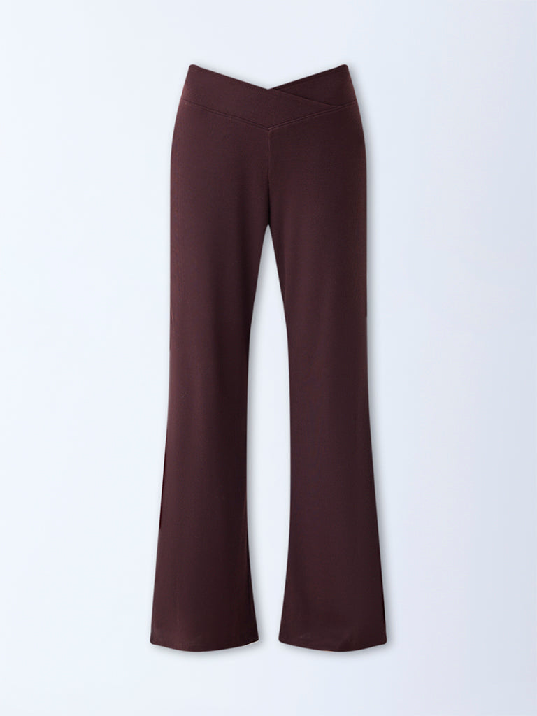 Superstar Brown Ribbed Cross-Waist High-Rise Pants