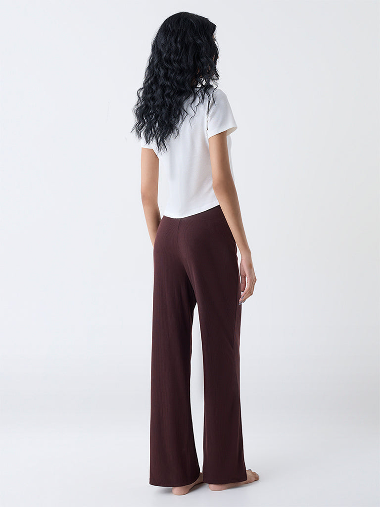 Superstar Brown Ribbed Cross-Waist High-Rise Pants