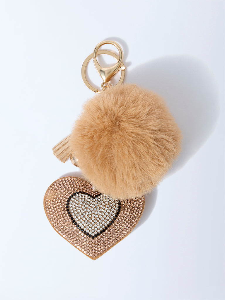 Studiowest Beige Heart Bedazzled Pom Pom Bag Charm