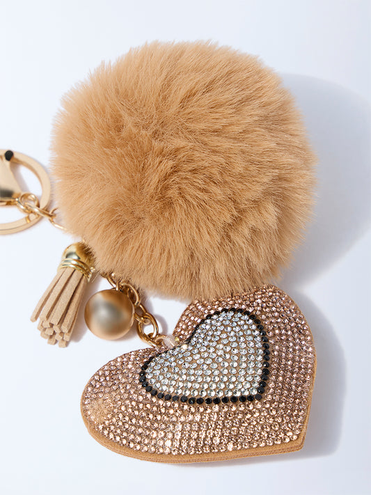 Studiowest Beige Heart Bedazzled Pom Pom Bag Charm
