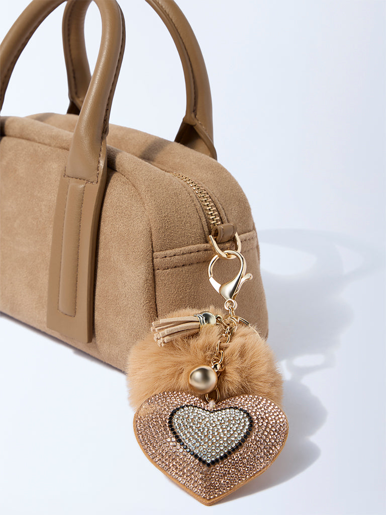 Studiowest Beige Heart Bedazzled Pom Pom Bag Charm
