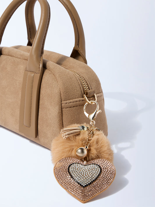 Studiowest Beige Heart Bedazzled Pom Pom Bag Charm