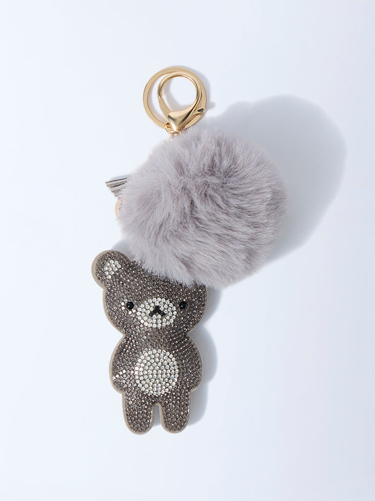 Studiowest Grey Teddy Bedazzled Pom Pom Bag Charm