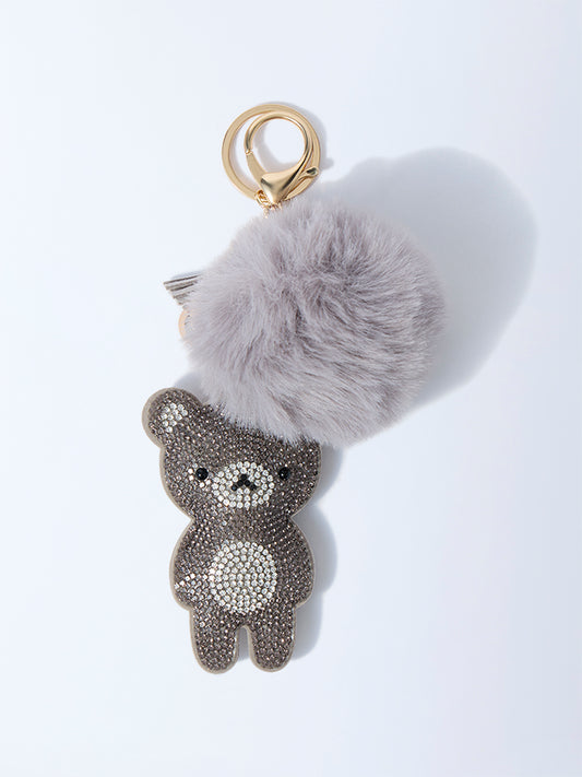 Studiowest Grey Teddy Bedazzled Pom Pom Bag Charm