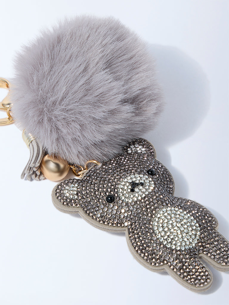 Studiowest Grey Teddy Bedazzled Pom Pom Bag Charm