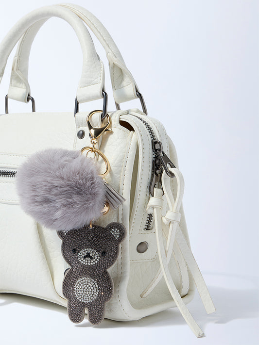 Studiowest Grey Teddy Bedazzled Pom Pom Bag Charm