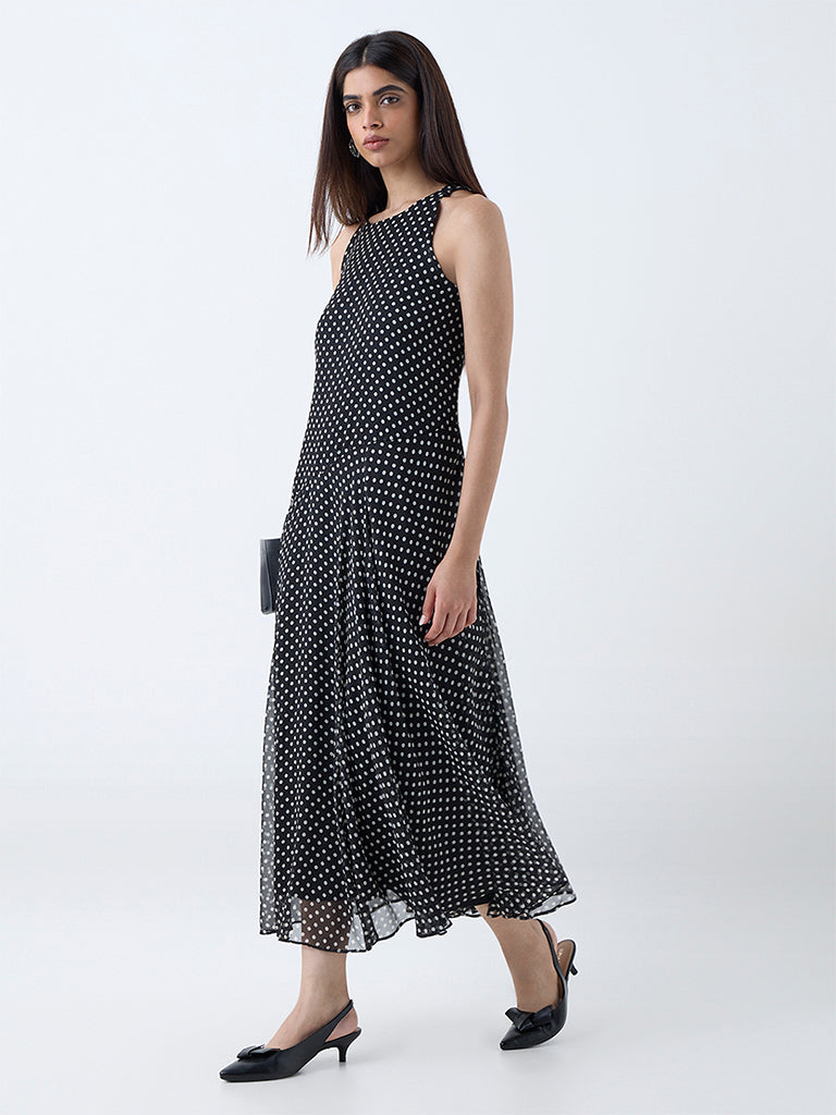 Wardrobe Black Polka Dotted Drop-Waist Dress