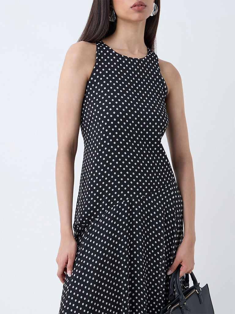Wardrobe Black Polka Dotted Drop-Waist Dress