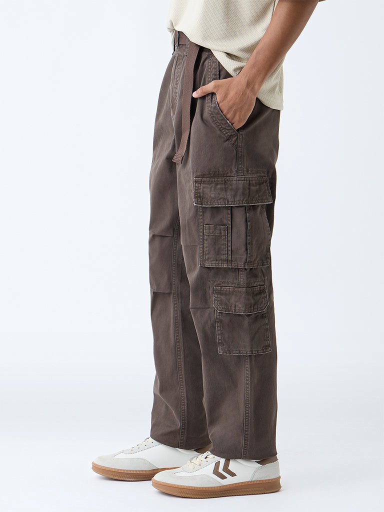 Nuon Brown Cargo-Style Relaxed-Fit Mid-Rise Cotton Pants