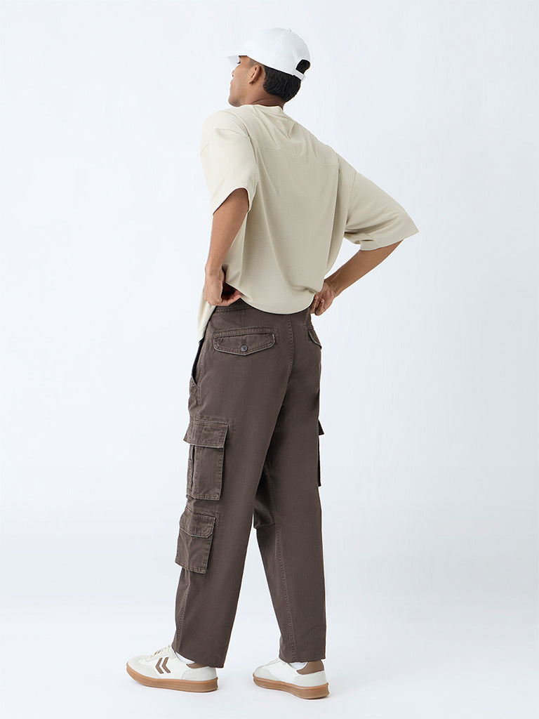 Nuon Brown Cargo-Style Relaxed-Fit Mid-Rise Cotton Pants