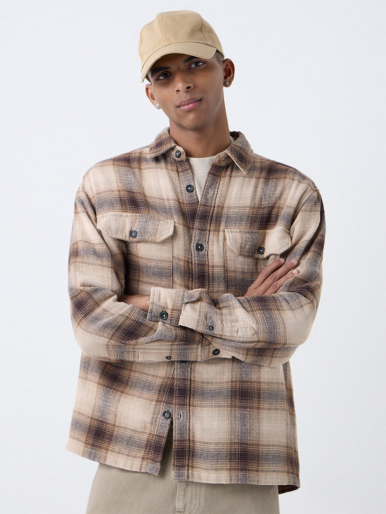Nuon Light Brown Checkered Relaxed-Fit Cotton Shirt