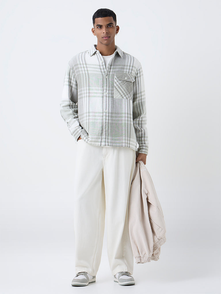 Nuon Sage Check Pattern Relaxed-Fit Cotton Shirt