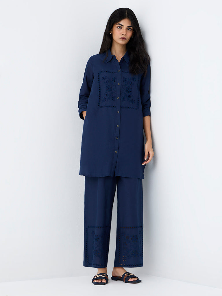 Utsa Indigo Floral Embroidered Cotton Tunic