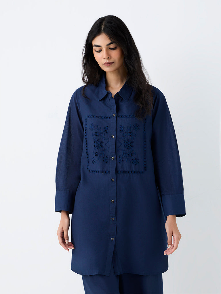 Utsa Indigo Floral Embroidered Cotton Tunic