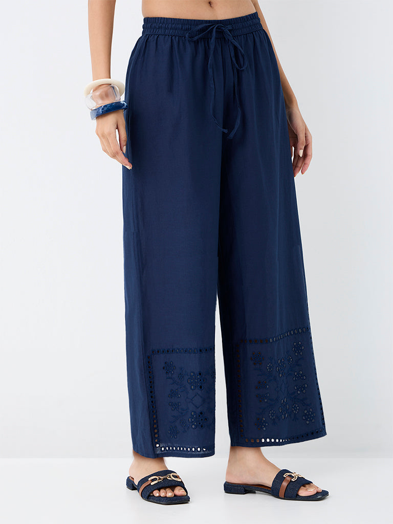 Utsa Indigo Floral Embroidered Cotton Pants