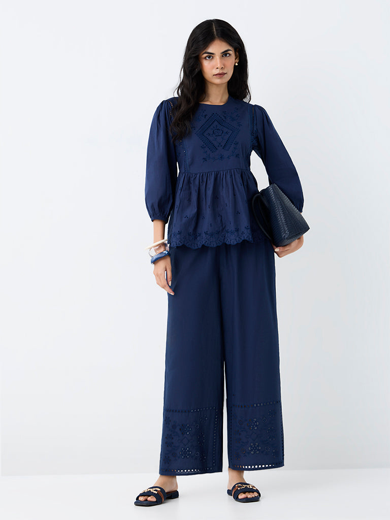 Utsa Indigo Floral Embroidered Cotton Pants