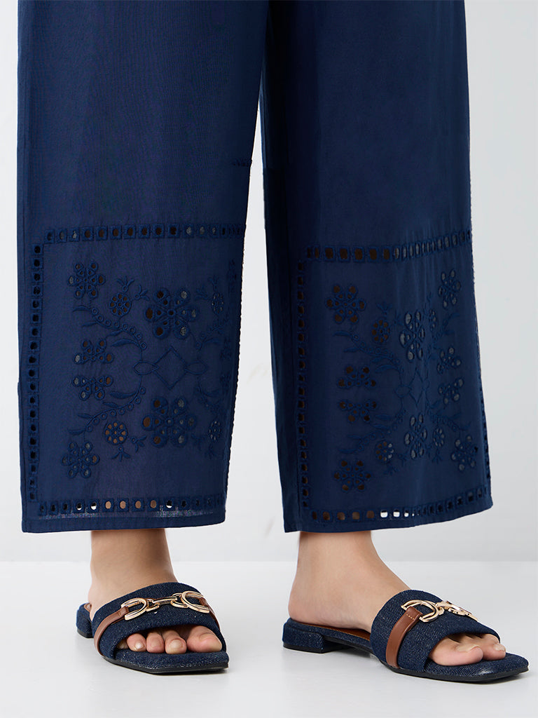 Utsa Indigo Floral Embroidered Cotton Pants