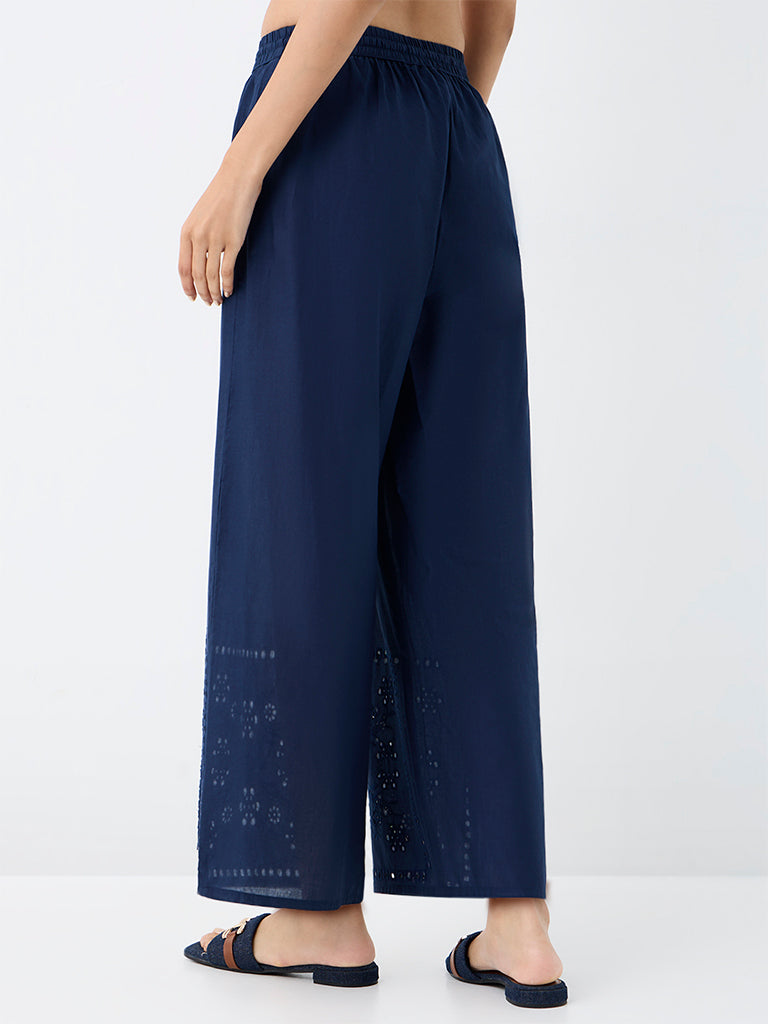 Utsa Indigo Floral Embroidered Cotton Pants
